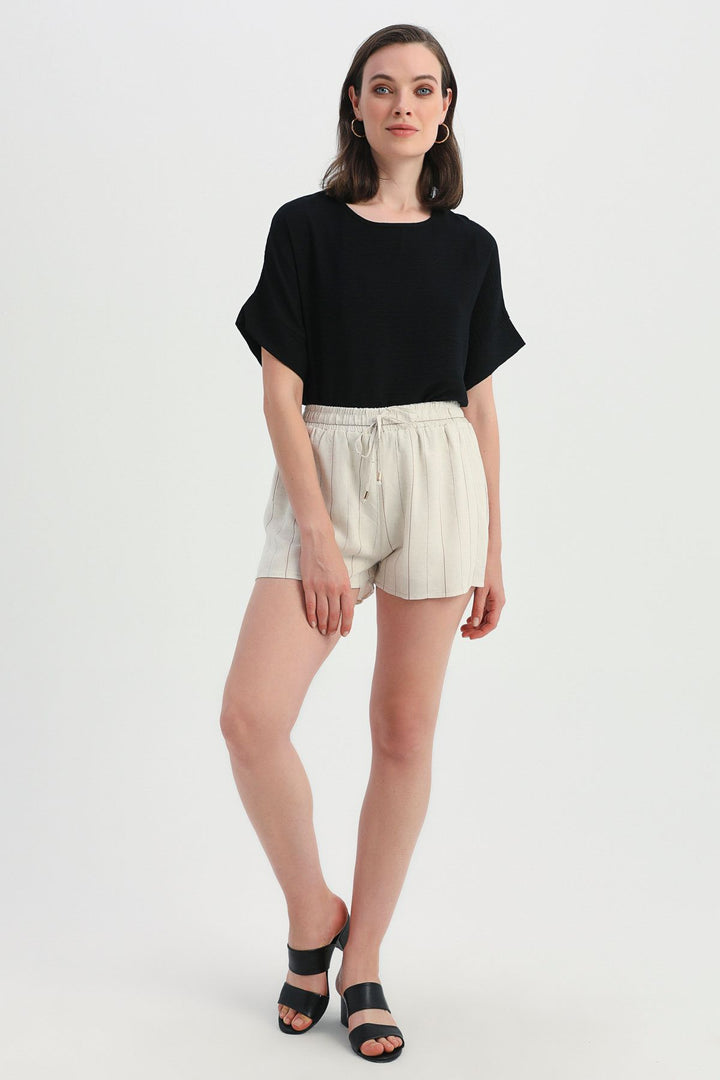 Striped Elastic Waist Linen Shorts Brown