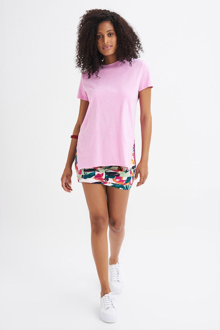 Yanı Yırtmaçlı Bisiklet Yaka Tişört Fuşya