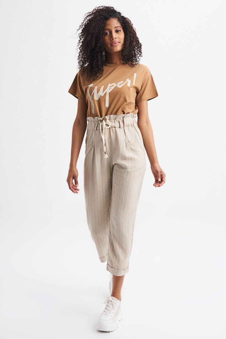 Hasır Kemerli Keten Pantolon Bej