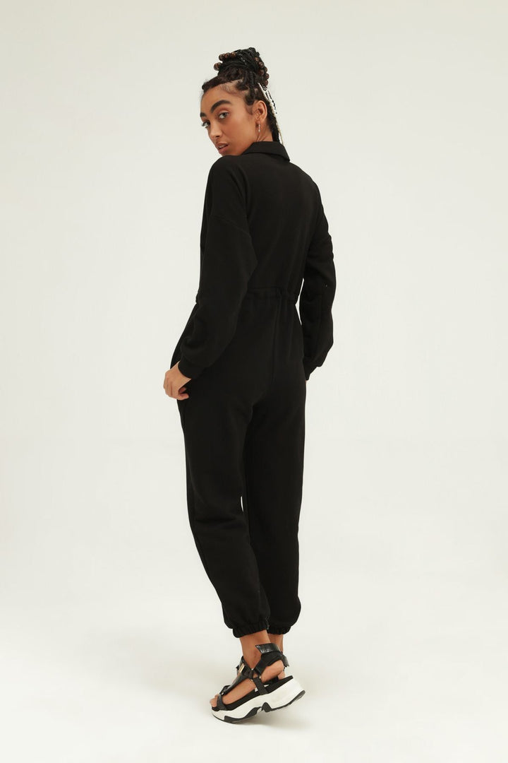 Beli Büzgülü Gömlek Yaka Tulum Siyah