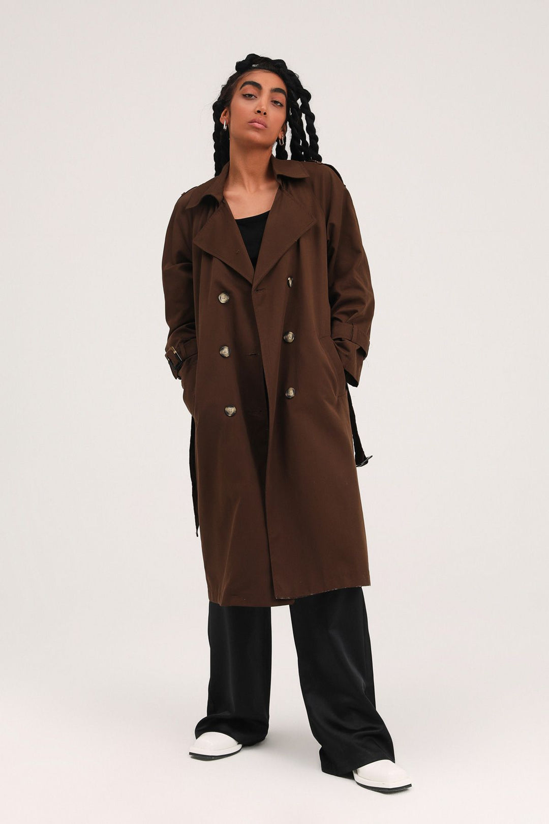 Belted Epaulette Trench Coat Brown