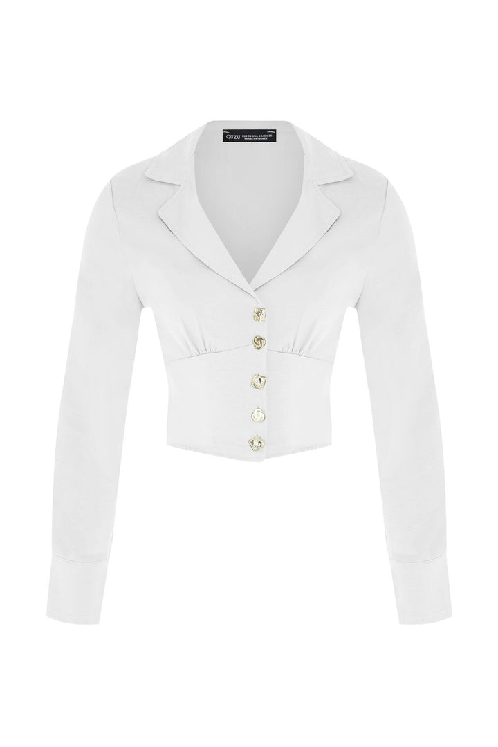 V Yaka Düğmeli Bluz Ekru