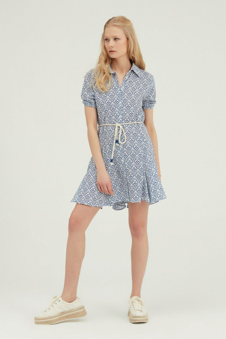 Gömlek Yaka Volanlı Mini Elbise Mavi