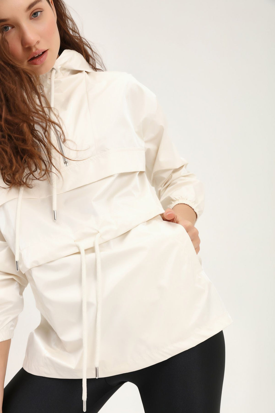 Hooded Elastic Waist Raincoat White