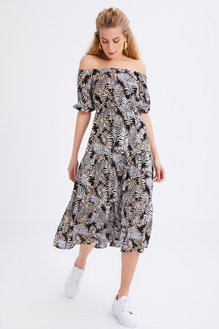 Patterned Off Shoulder Dress Black