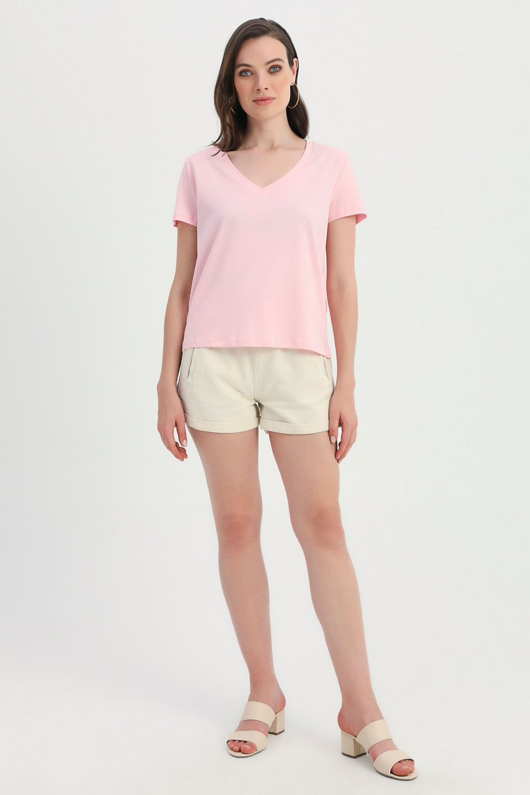 Vatkalı V Yaka Tişört Pembe