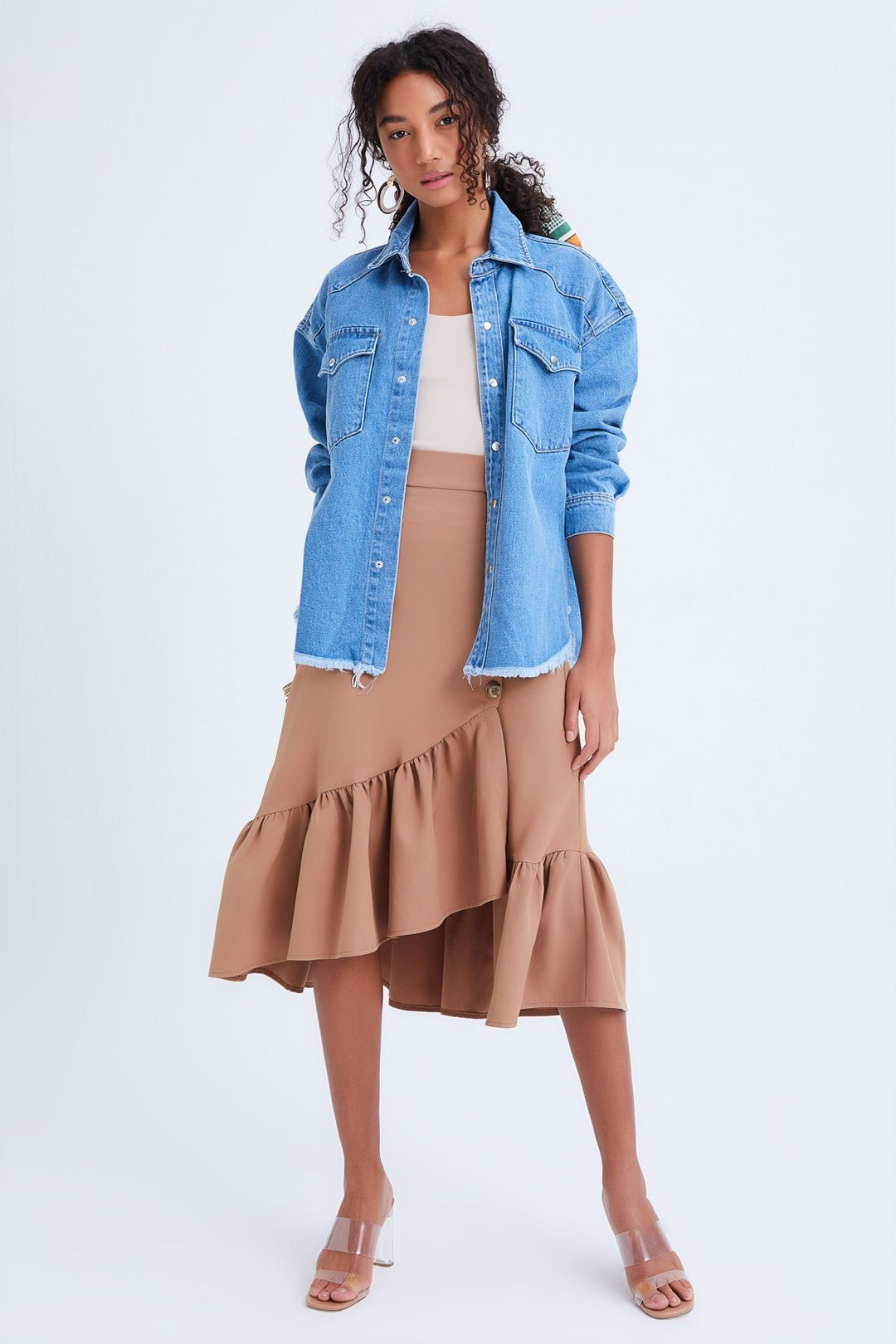 Button Detailed Frilly Skirt Camel