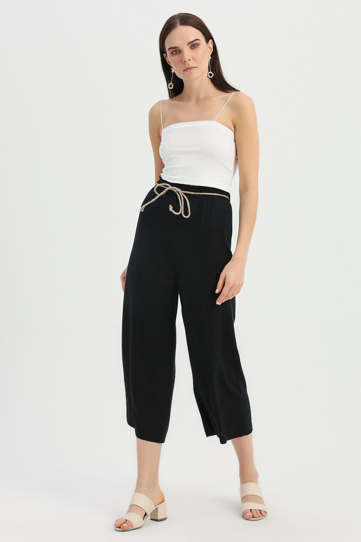 Hasır İp Kemerli Keten Pantolon Siyah