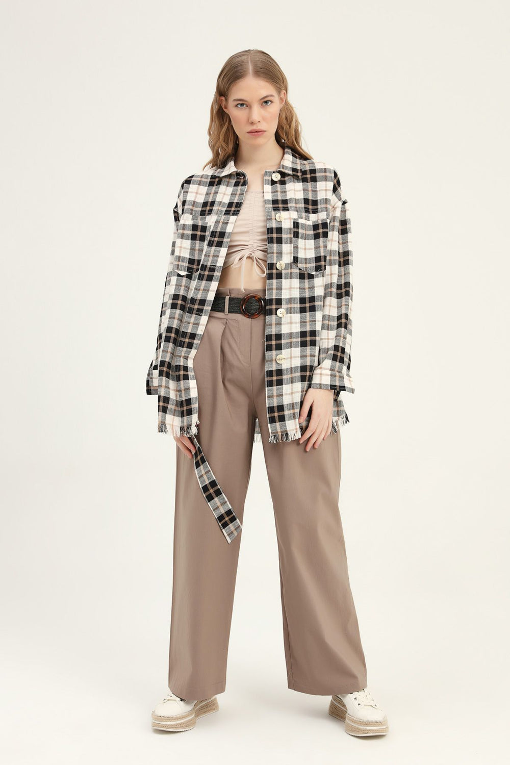 Striped Waist Belted Long Shirt Camel