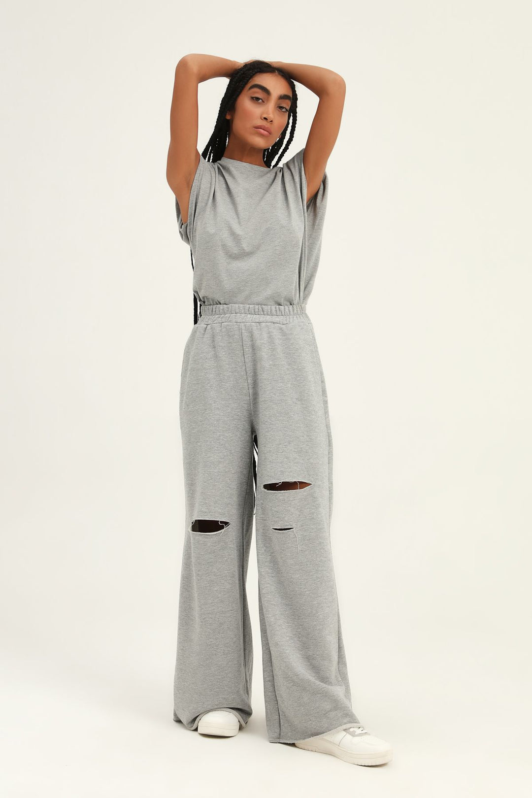 Ripped Detailed Tracksuit with Elastic Waist Graymelange