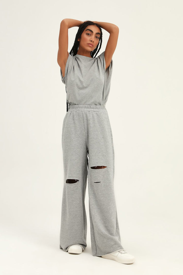 Ripped Detailed Tracksuit with Elastic Waist Graymelange
