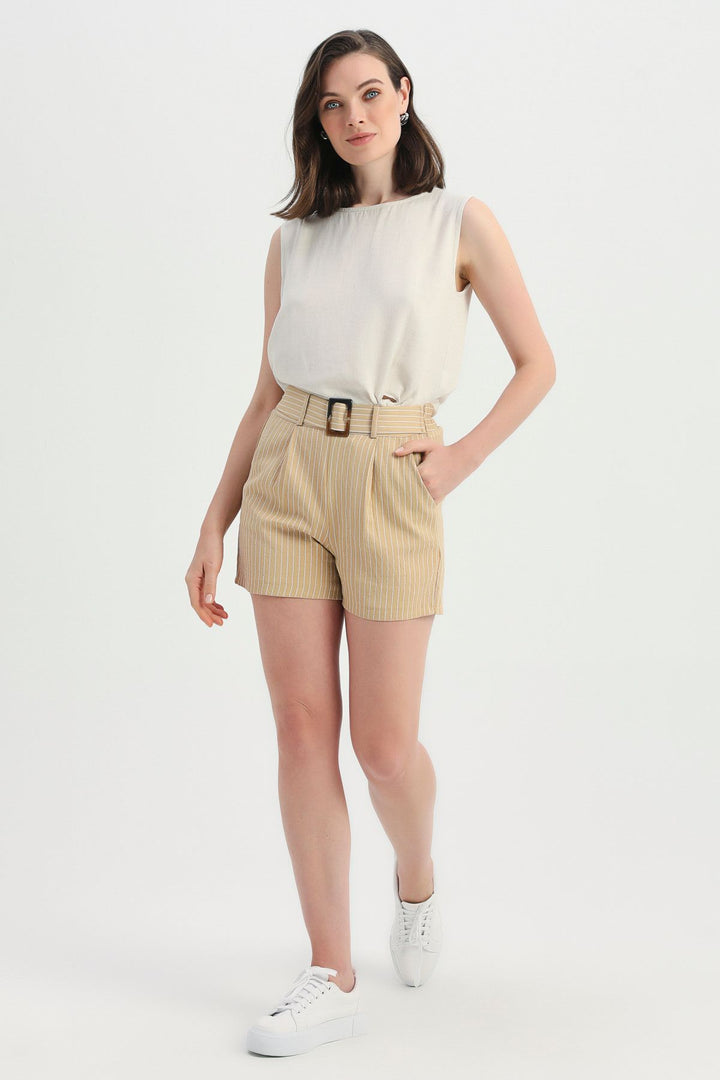 Striped Belted Shorts Beige