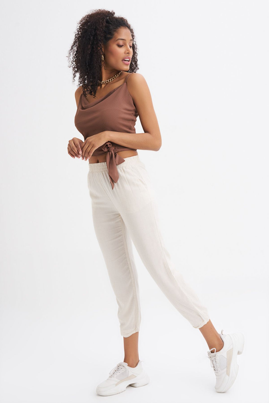 Beli Lastikli Keten Pantolon Ekru