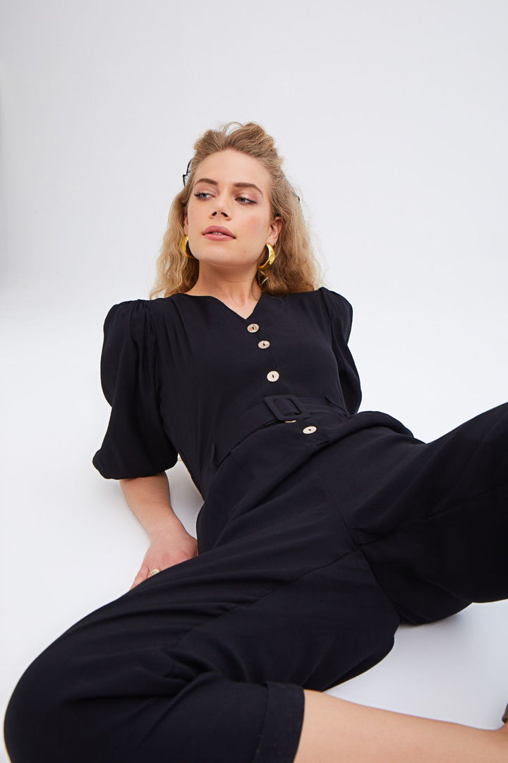 V Yaka Beli Kemerli Tulum Siyah