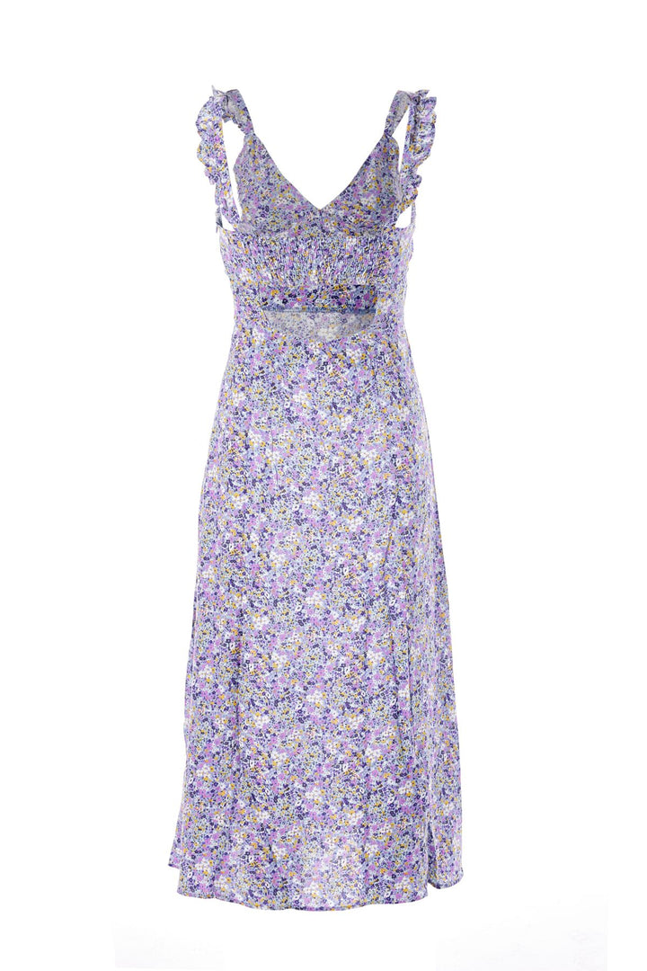 Sırt Dekolteli Askılı Yırtmaçlı Elbise Lila