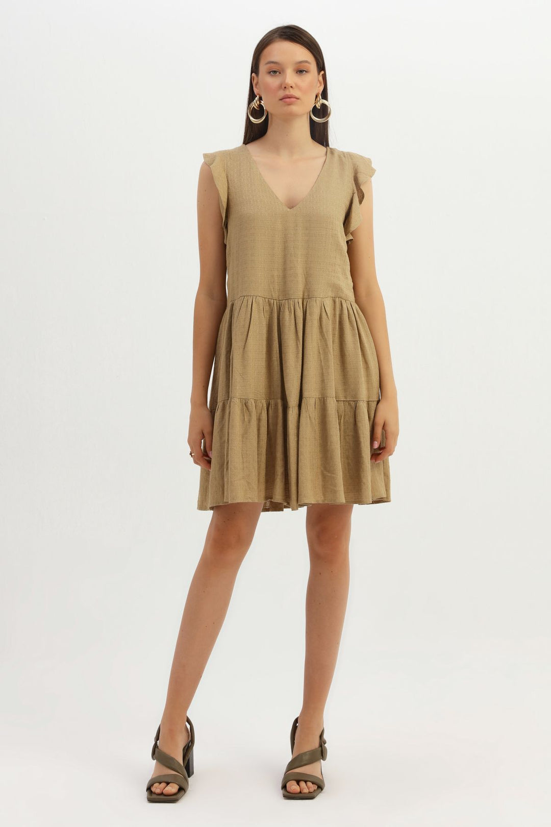 Frilly V Neck Linen Dress Camel
