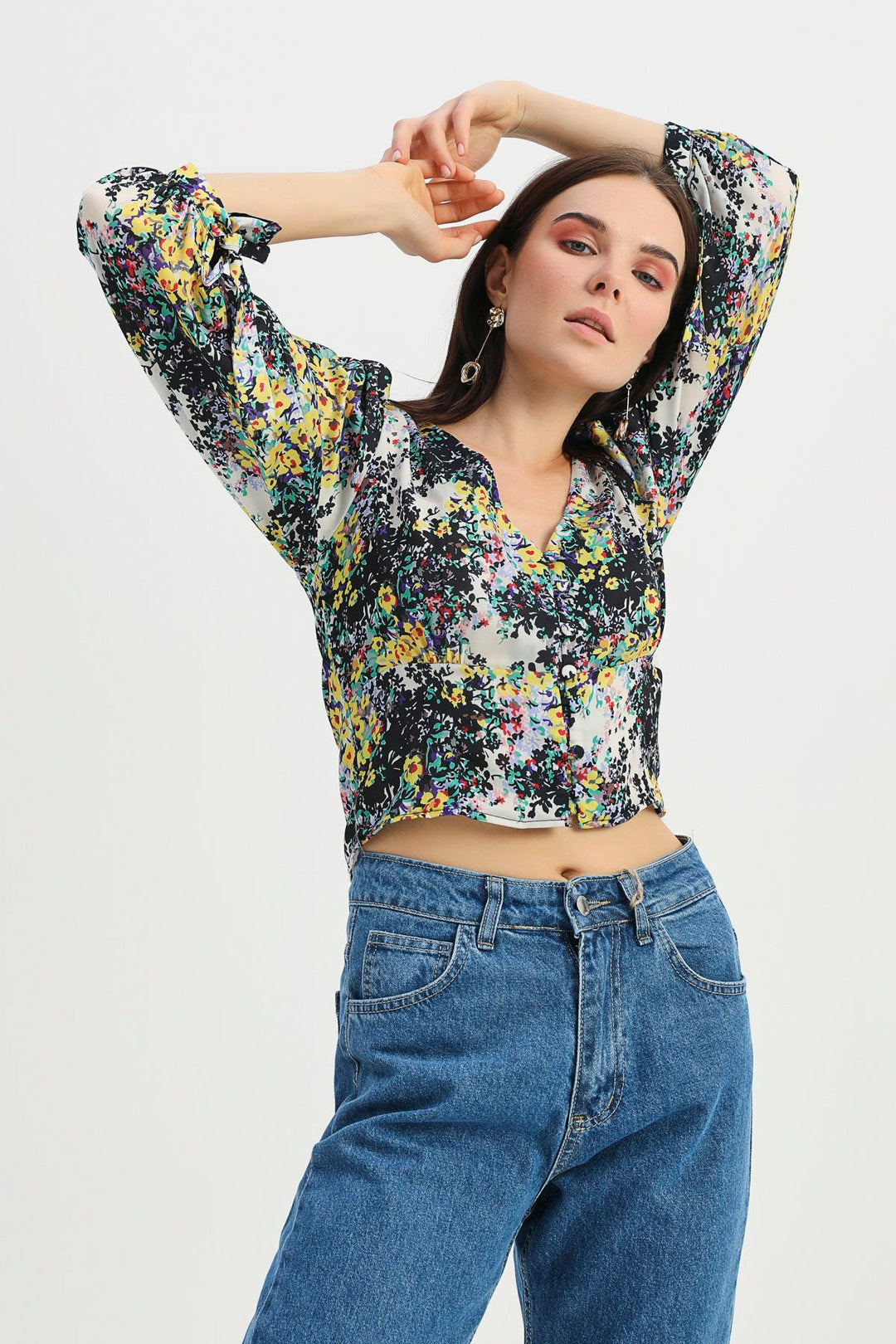 Patterned V-Neck Tie Detailed Blouse Black