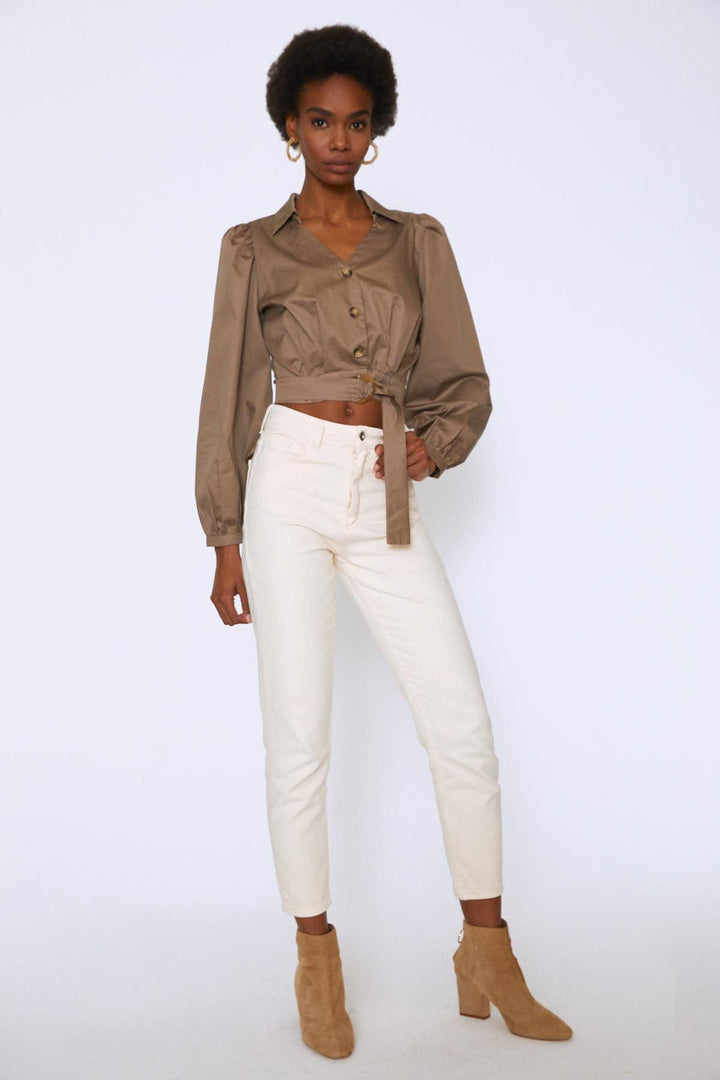 Önü Düğmeli Balon Kol Gömlek Toprak