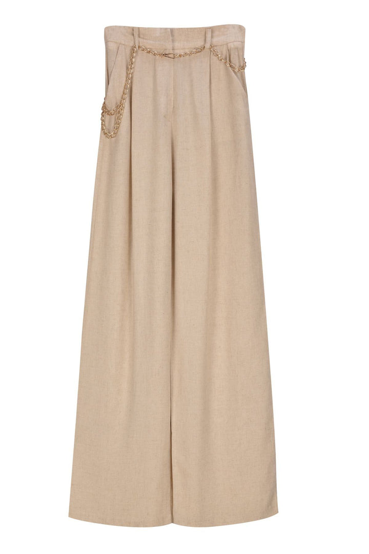 Zincir Kemerli Bol Paça Pantolon Naturel
