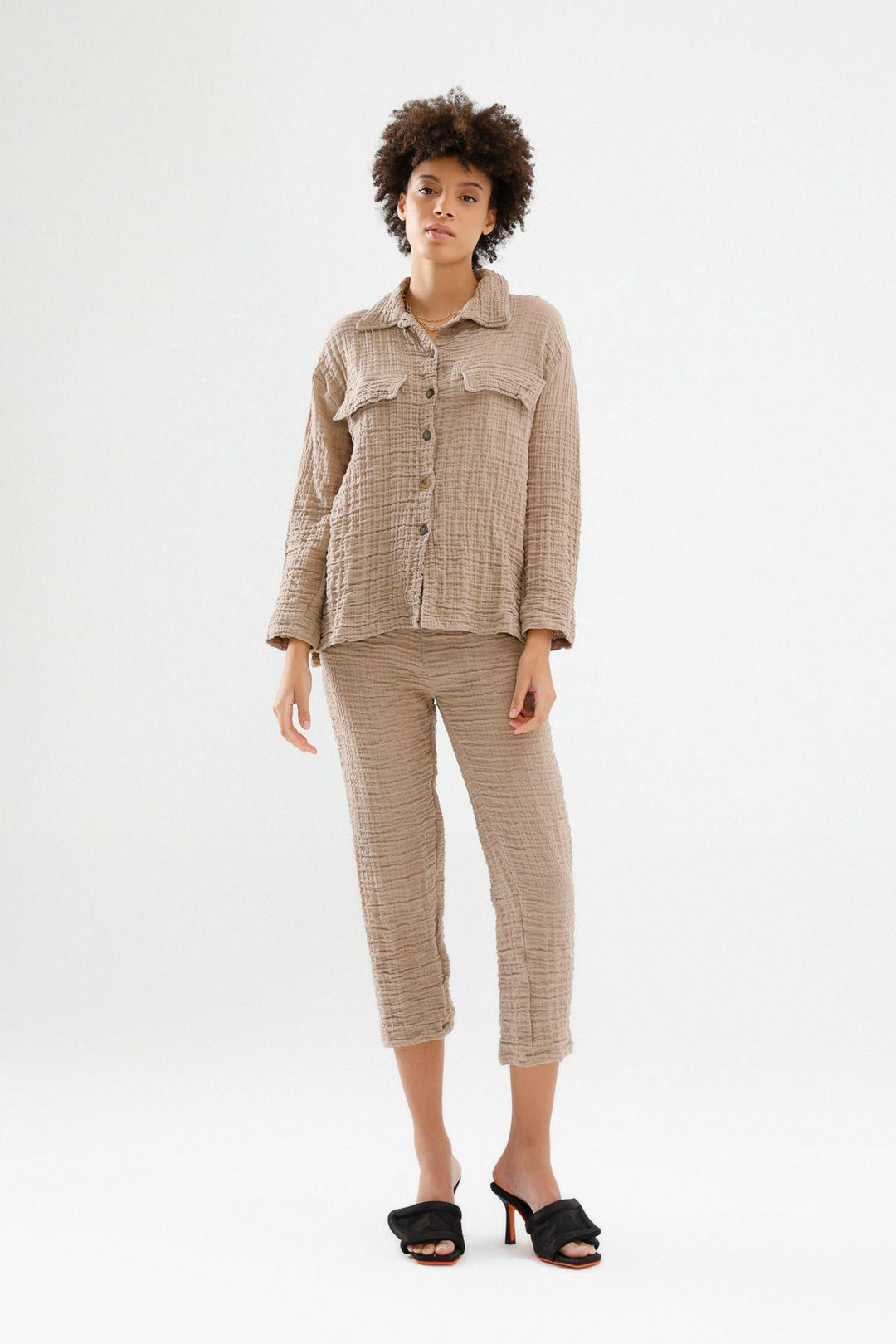 Elastic Waist Textured Trousers Camel