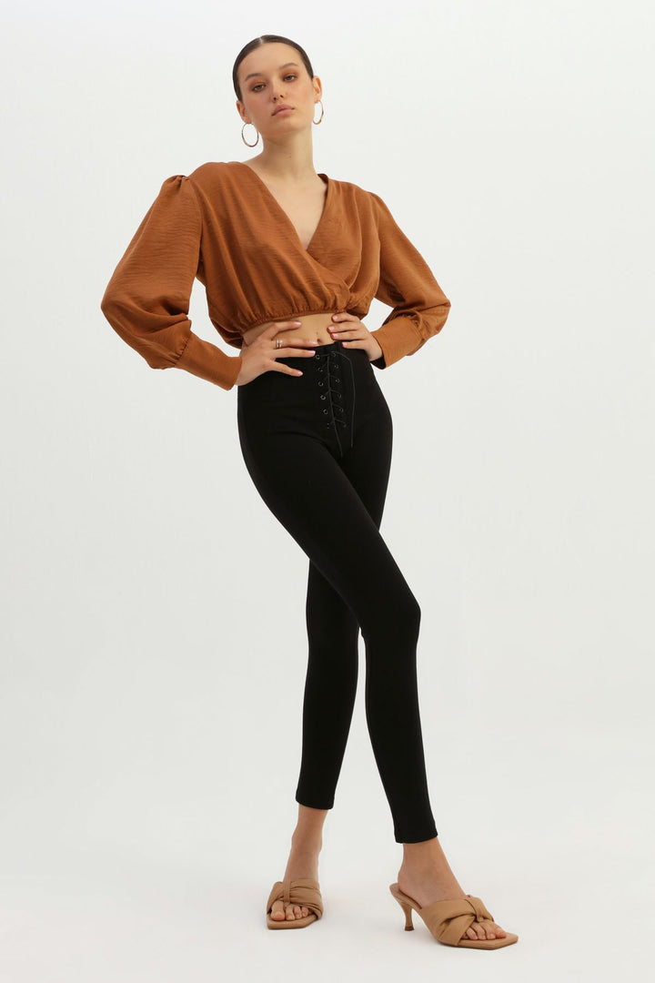 Bağcık Detaylı Yüksek Bel Tayt Siyah