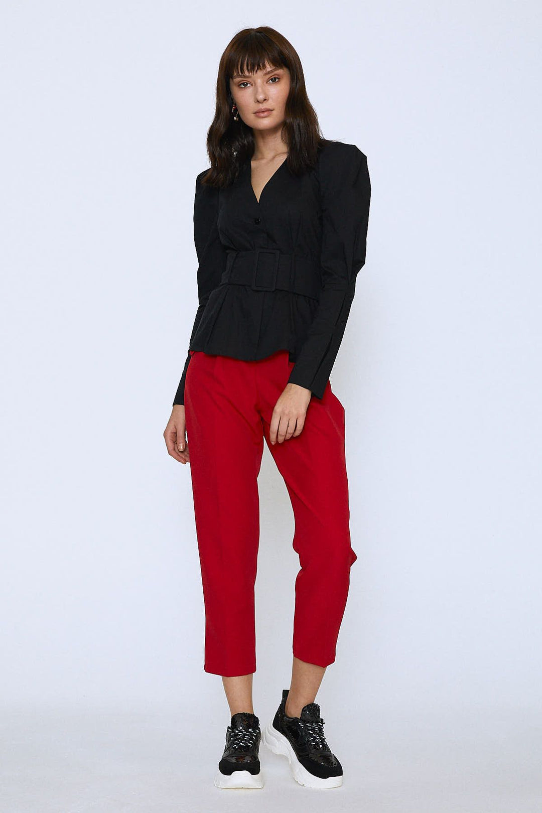 Waist Belted Fabric Trousers Red
