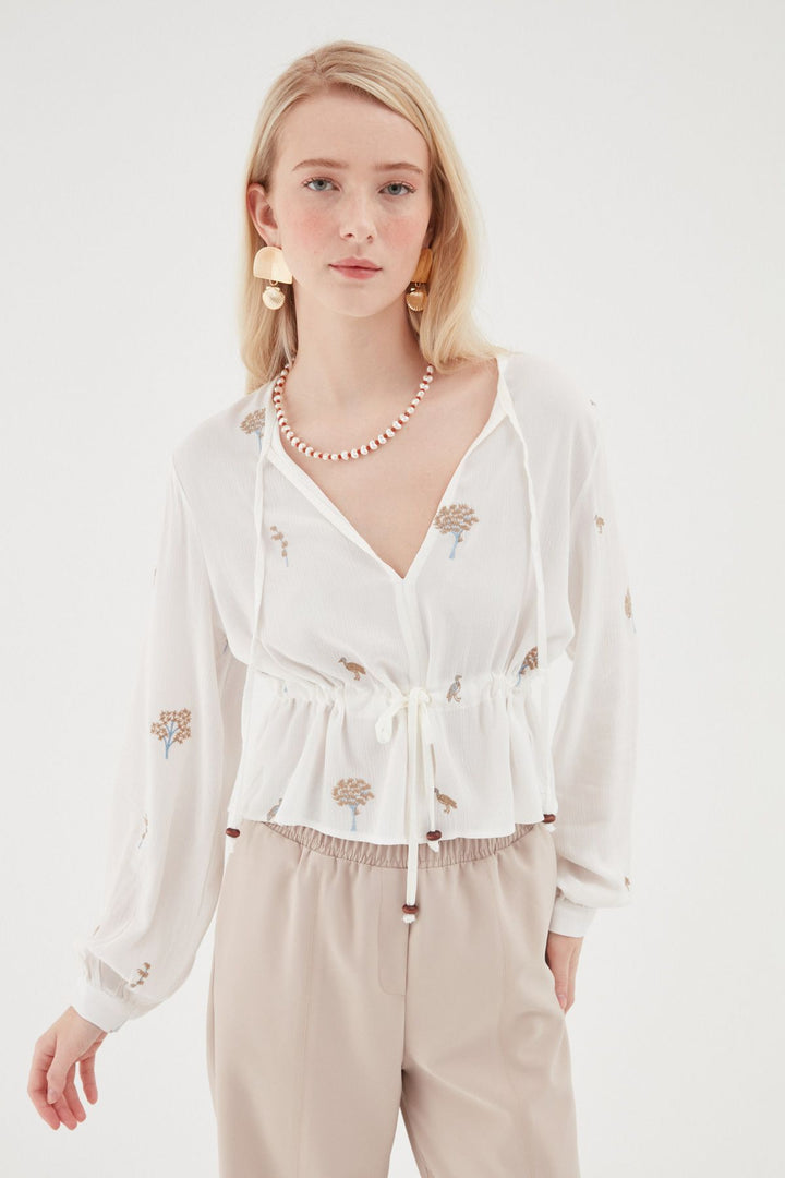 Patterned V-Neck Blouse White