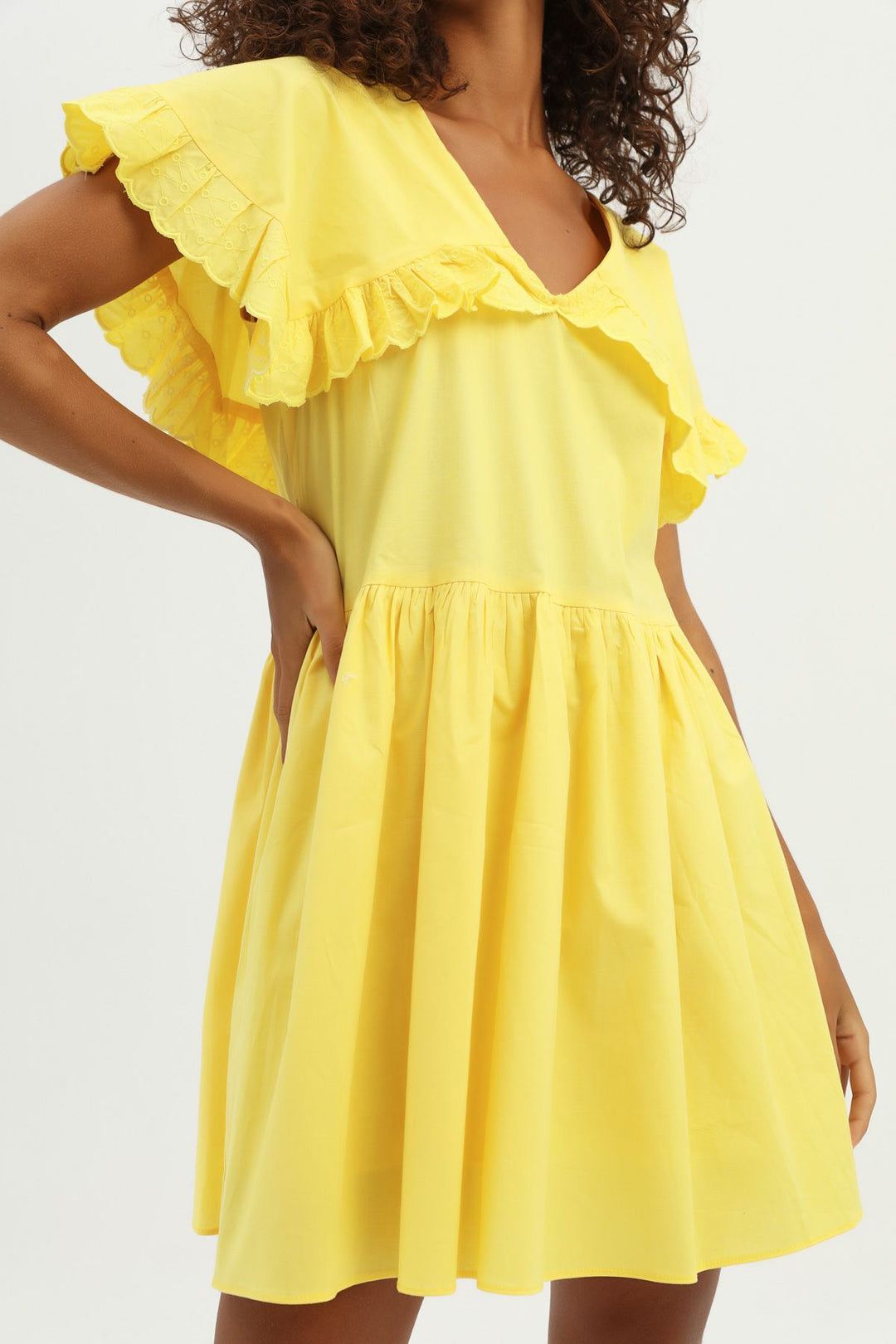 Embroidered Pleated Dress Dark Yellow