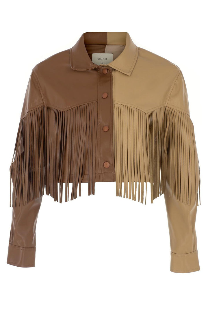 Two Color Tasseled Leather Jacket Brown