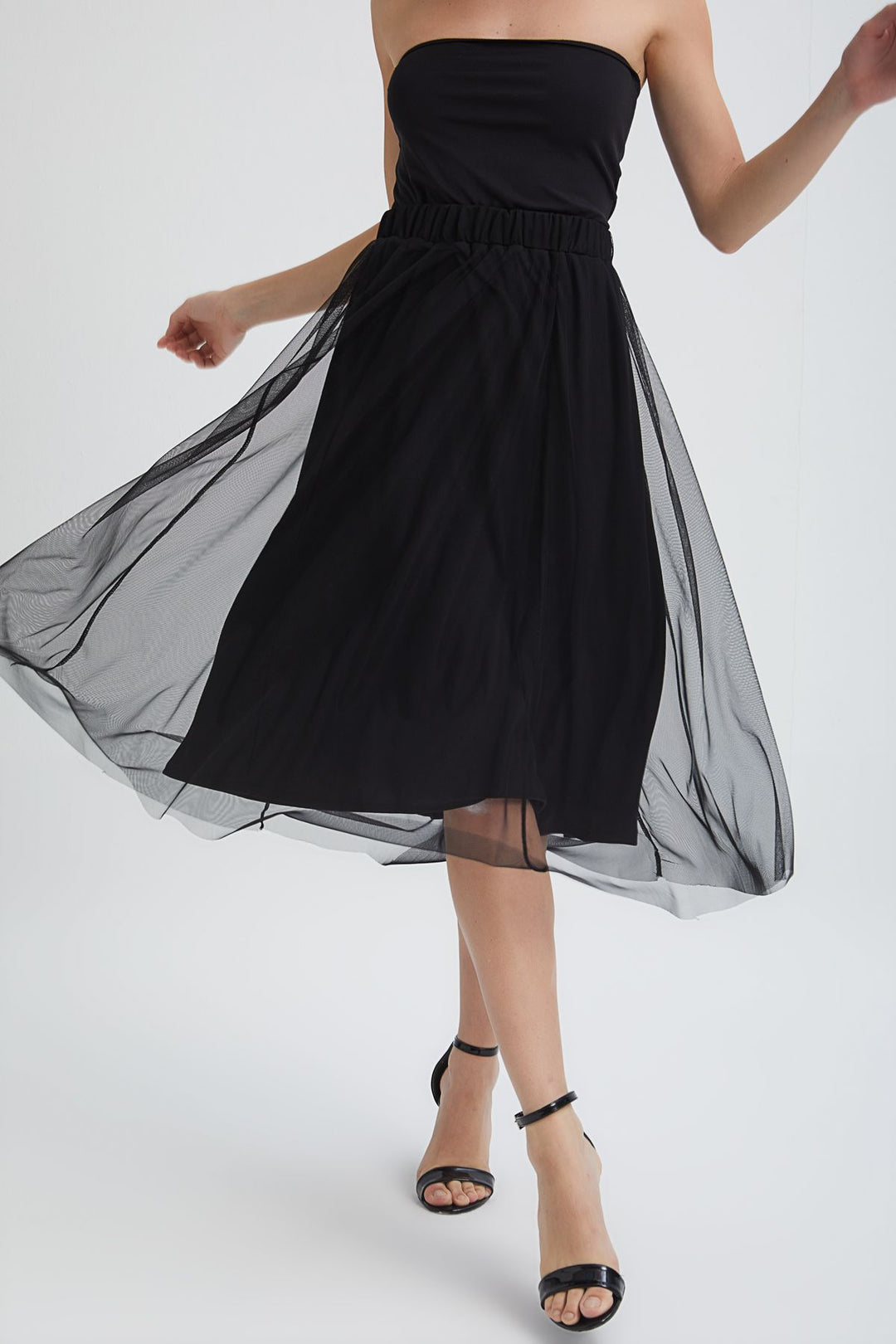 Pleated Tulle Detailed Midi Skirt Black
