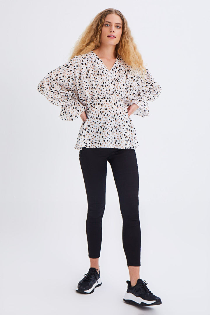 Patterned V-Neck Blouse Ecru