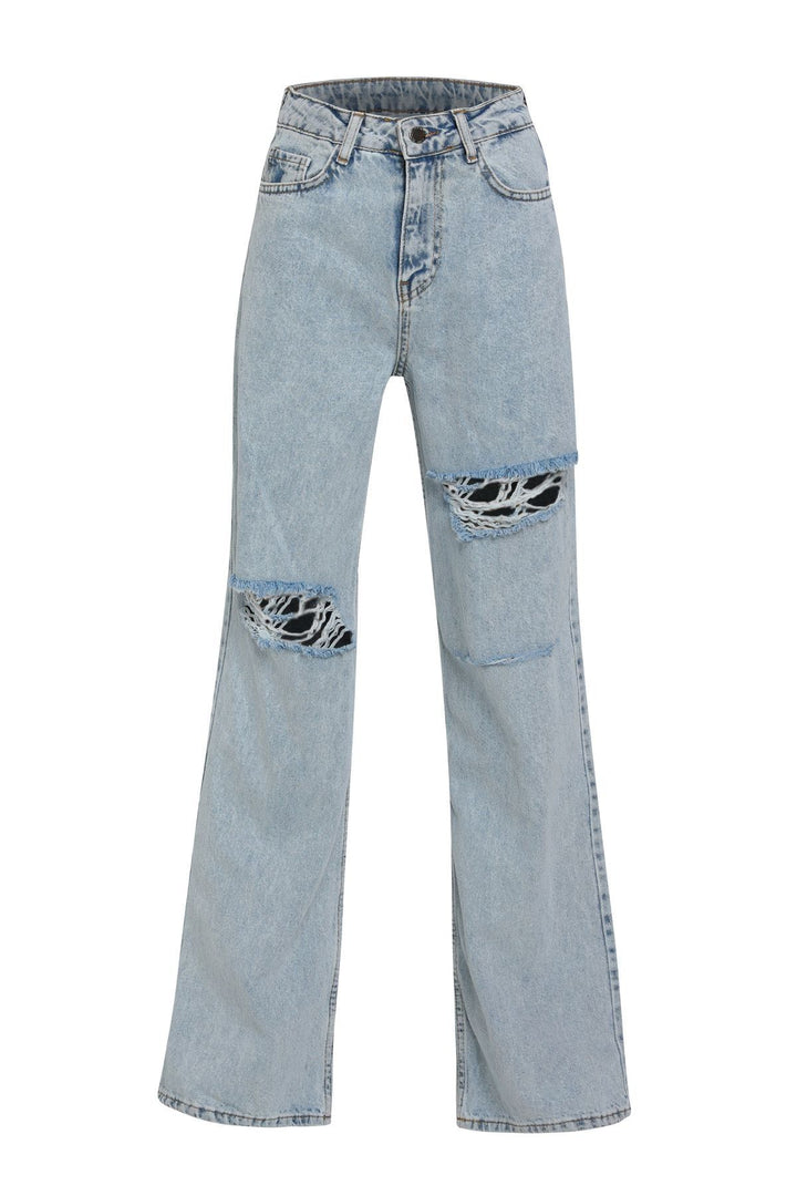 Yırtık Detaylı Bol Paça Kot Pantolon Buz Mavi