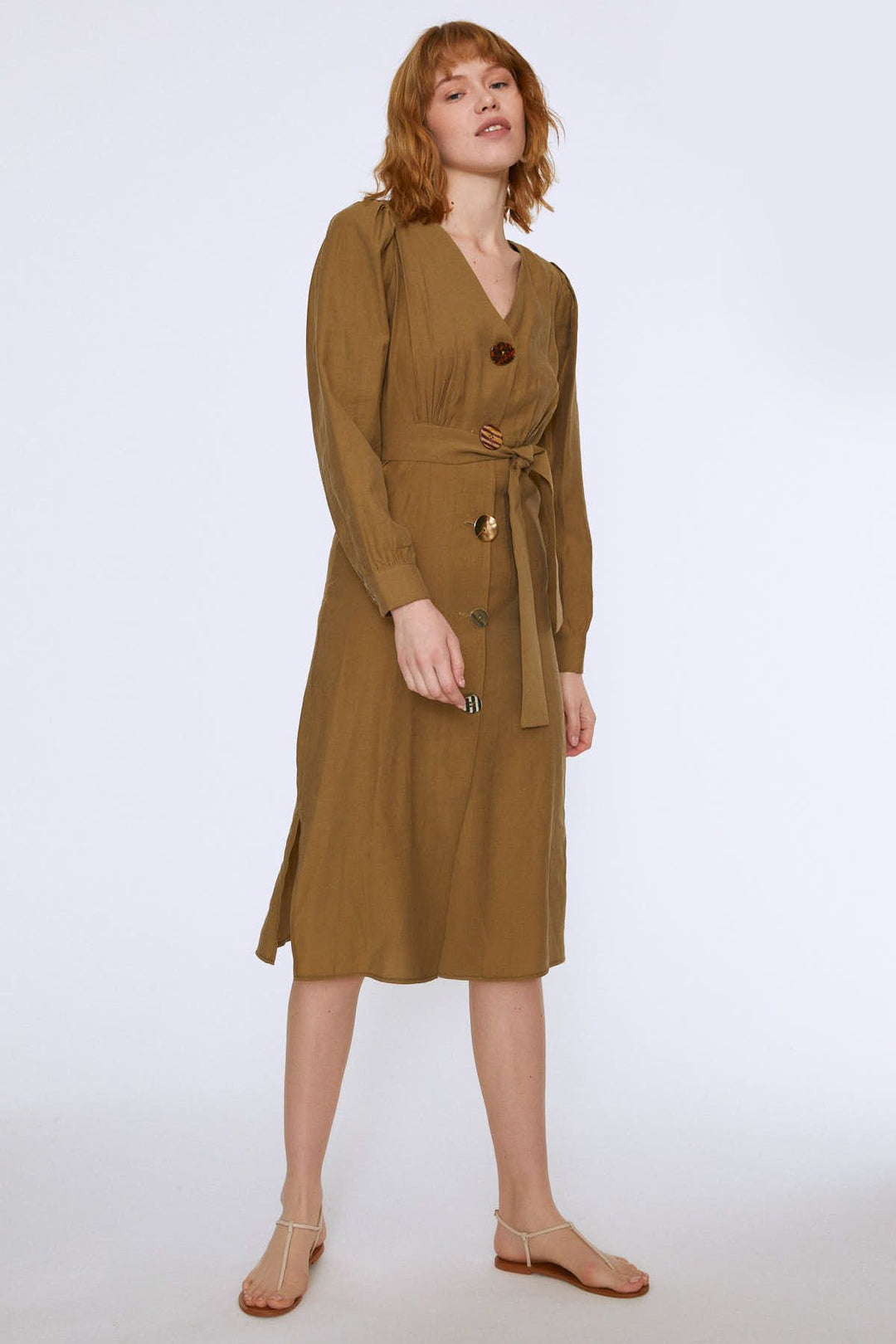 Button Front Belted Dress Khaki