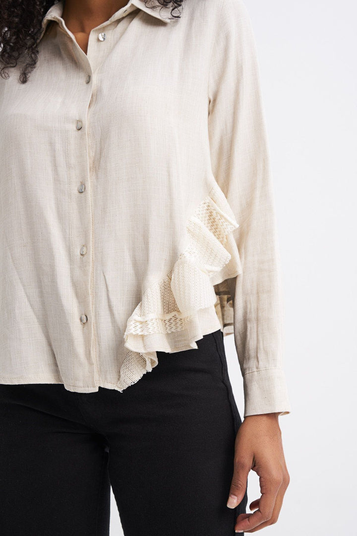 Back Embroidered Ruffle Linen Shirt Natural