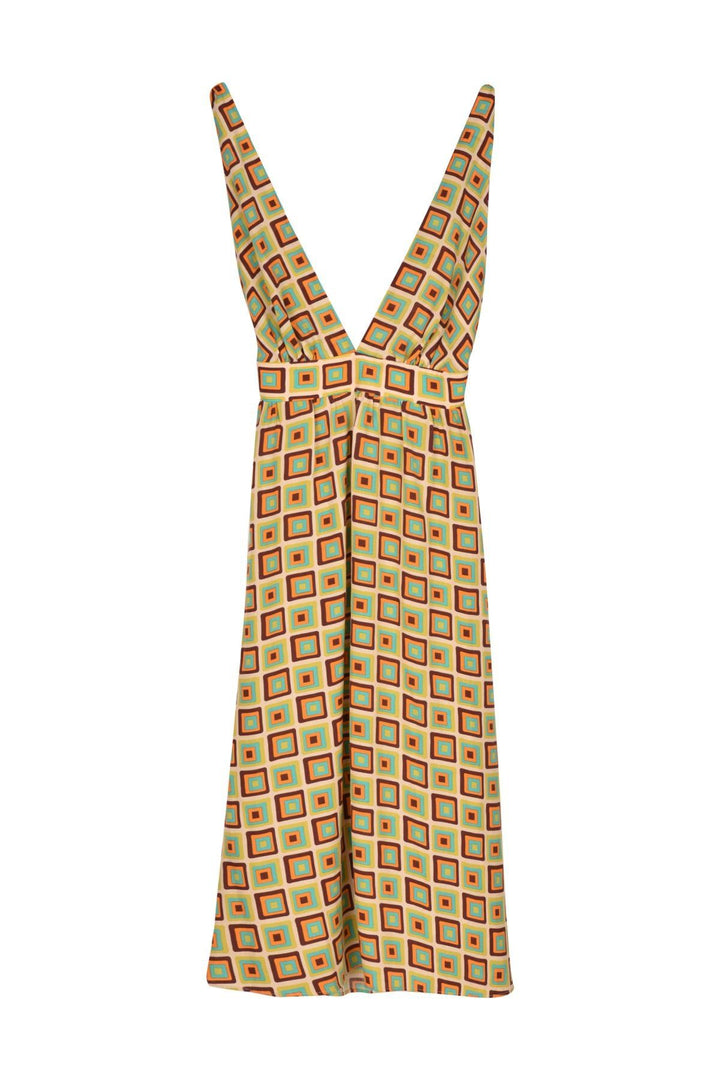 Back Cross Detailed Patterned Dress Beige