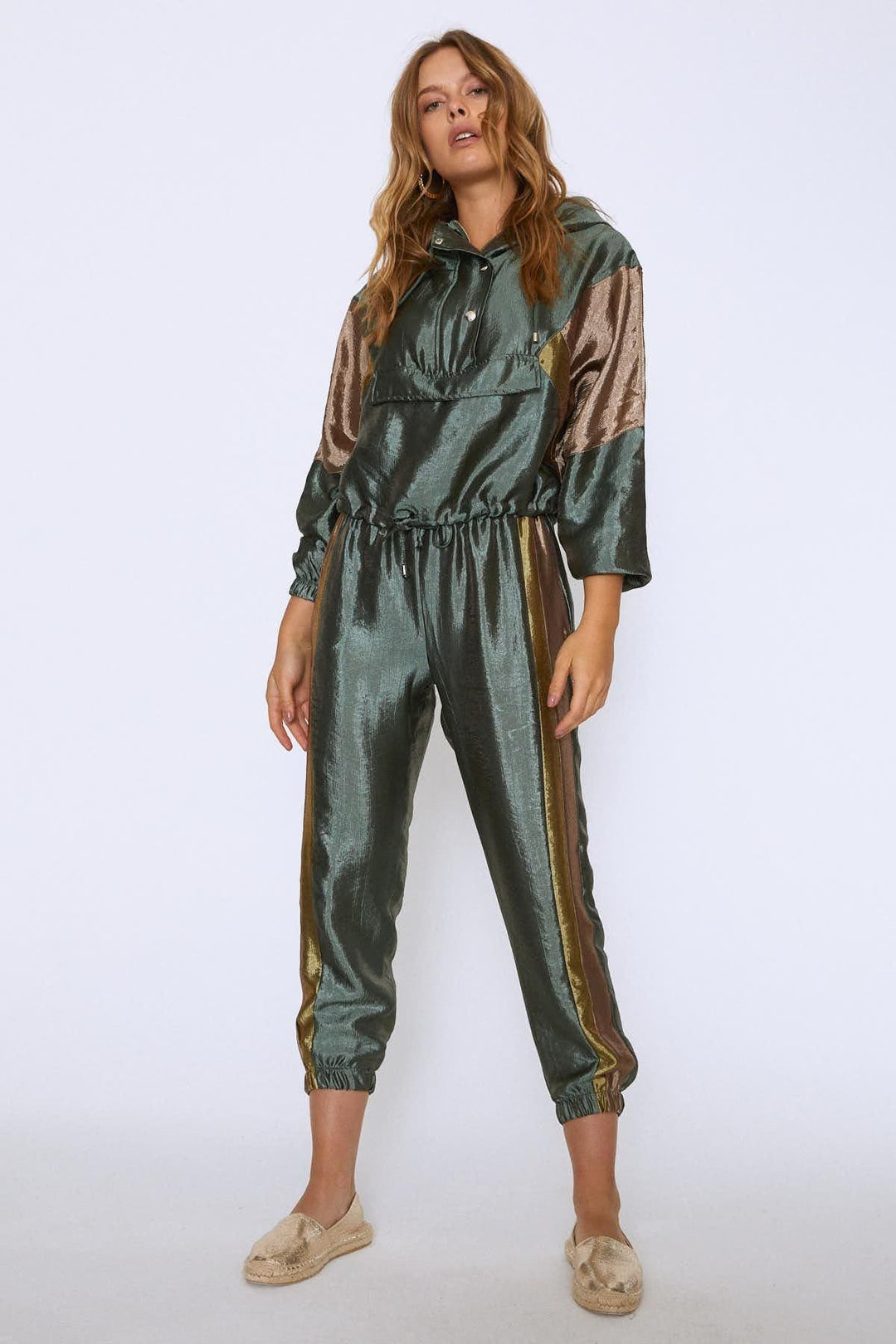 Shiny Striped Jogger Pants Khaki