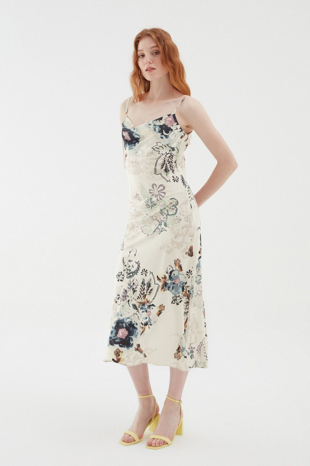 Patterned Plunging Collar Satin Dress Ecru