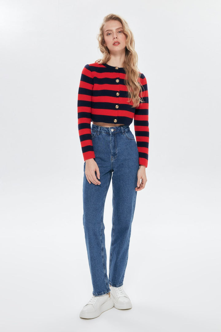 Çizgili Düğme Detaylı Crop Hırka Laci-Kırmızı