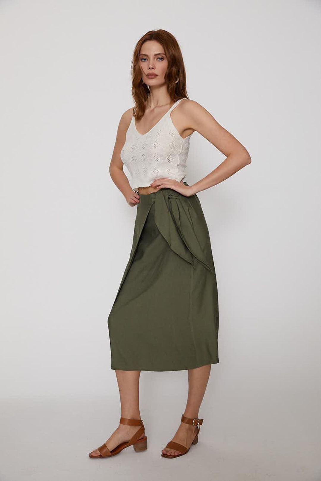 Side Tie Midi Skirt Khaki