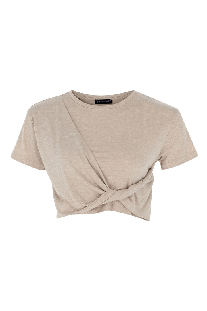 Düğüm Detaylı Crop Tişört Bej