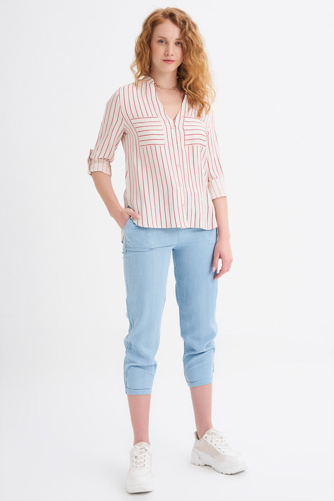 Çizgili Cepli Keten Gömlek Kırmızı