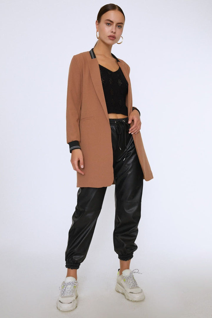 Ribanalı Fleto Cepli Uzun Ceket Camel