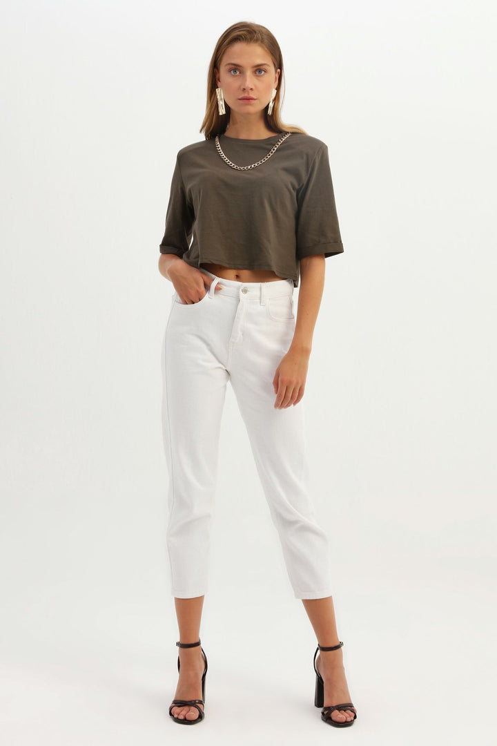 Vatkalı Zincir Aksesuarlı Crop Tişört Haki