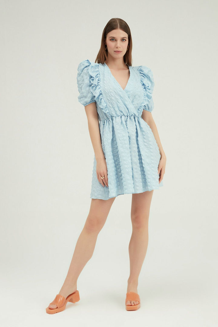 Double Breasted Balloon Sleeve Mini Dress Baby Blue