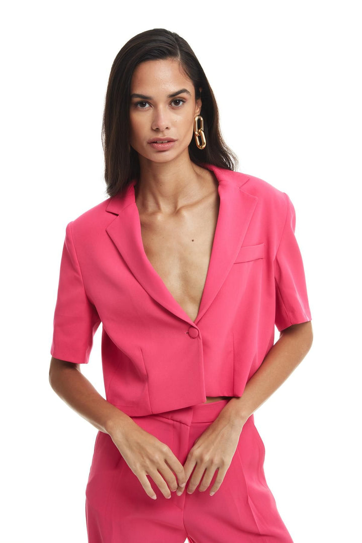 Short Sleeve Crop Blazer Jacket Fuchsia