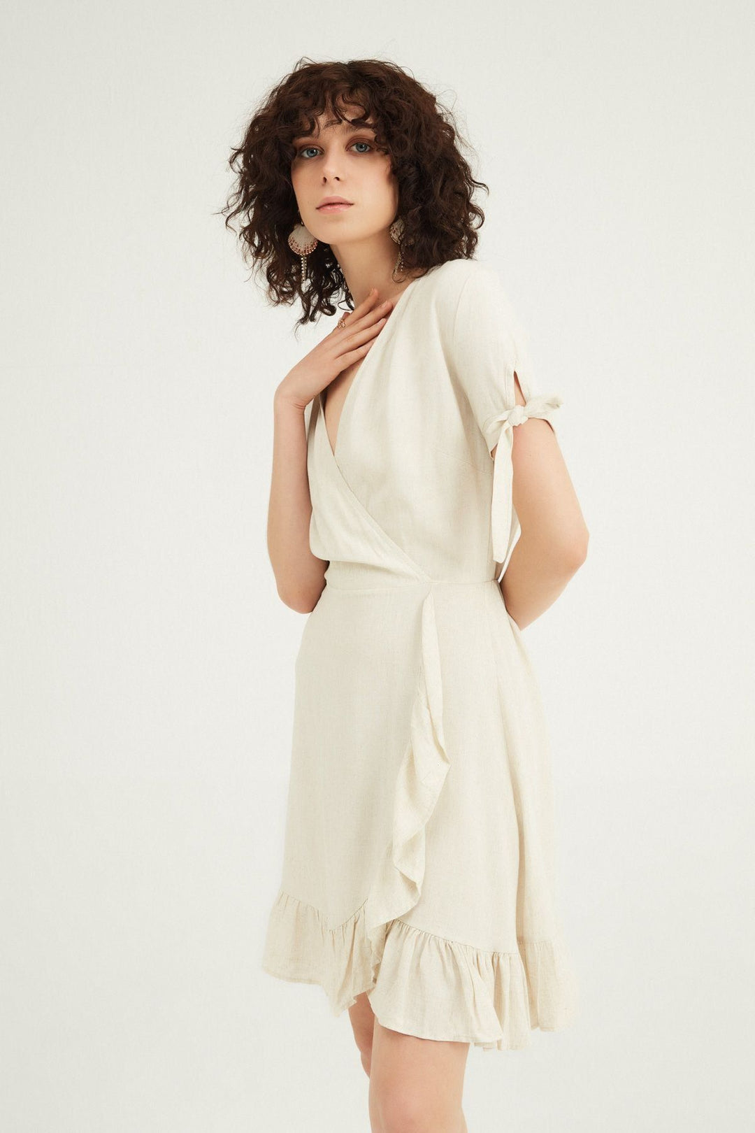 Double Breasted Frilly Linen Dress Natural