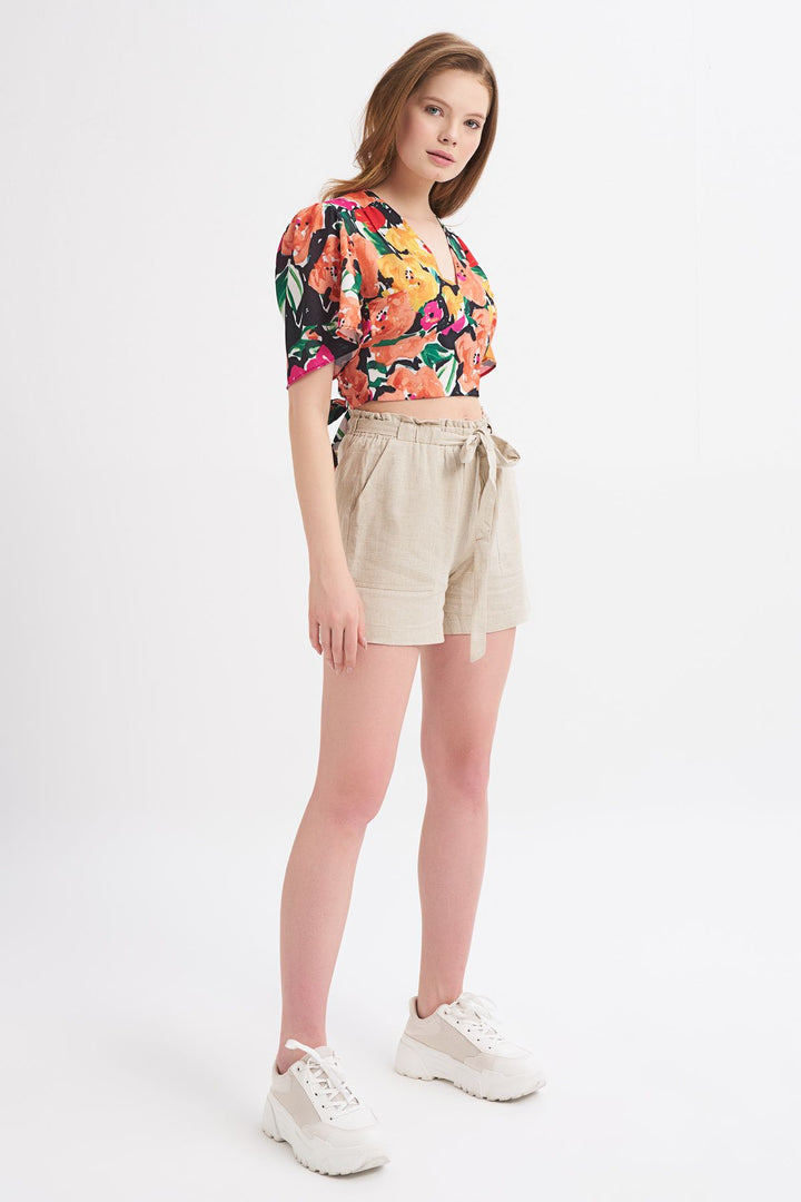 Belted High Waist Linen Shorts Beige