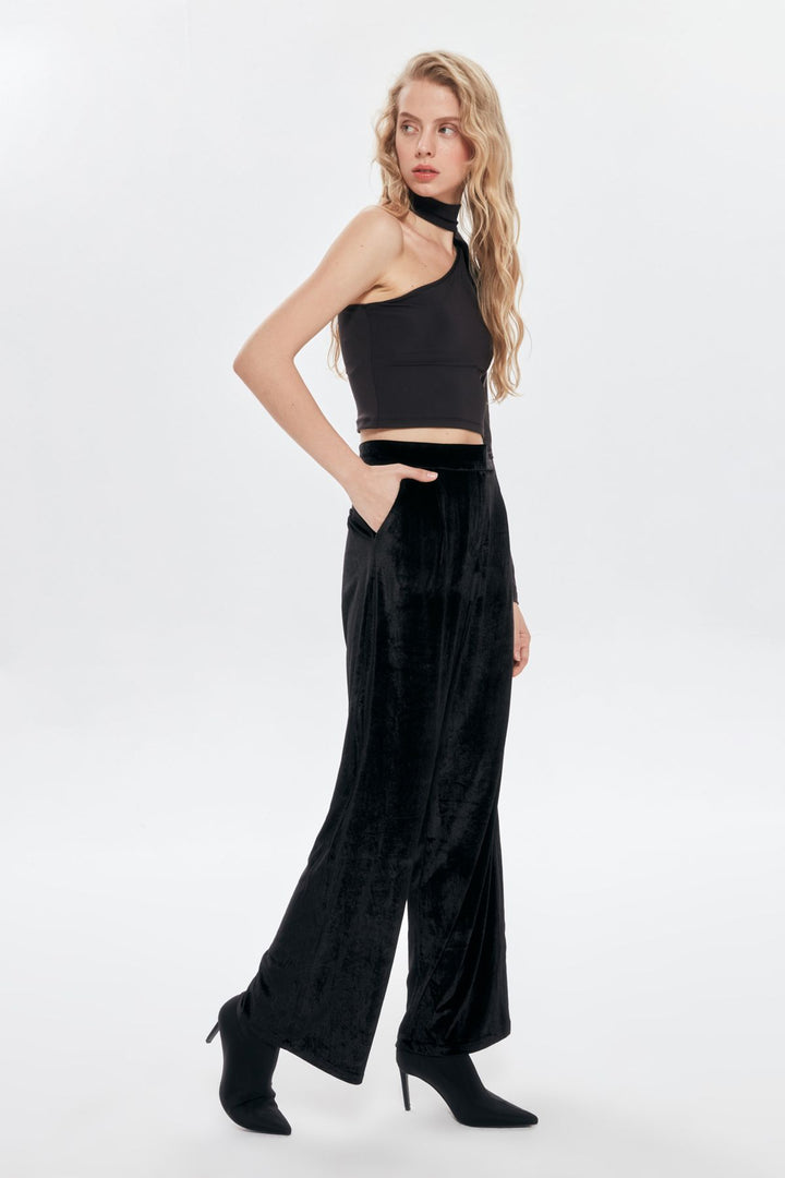 Pens Detaylı Kadife Pantolon Siyah