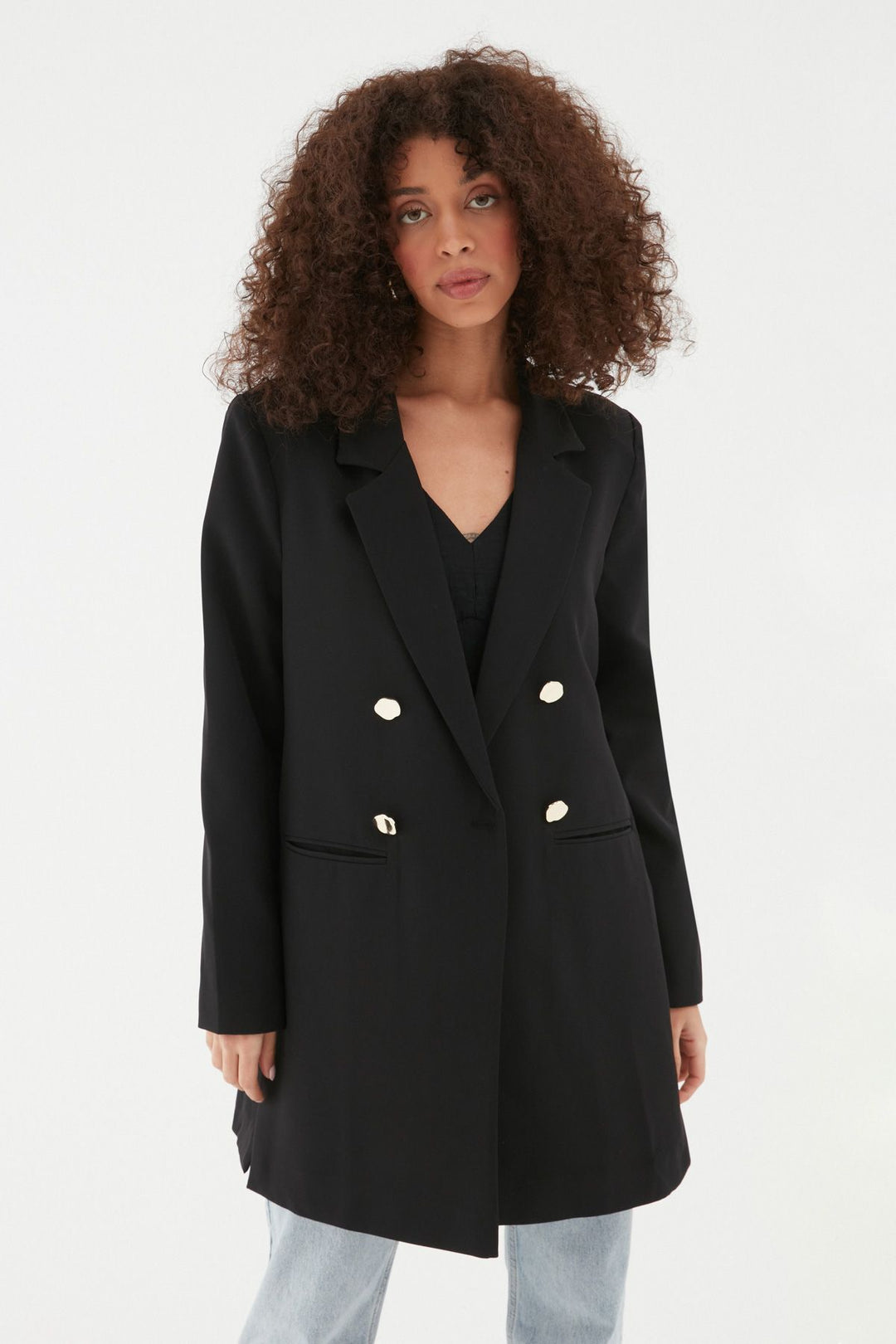 Yanı Yırtmaçlı Uzun Blazer Ceket Siyah