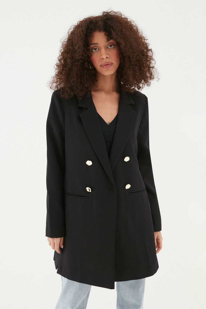 Yanı Yırtmaçlı Uzun Blazer Ceket Siyah